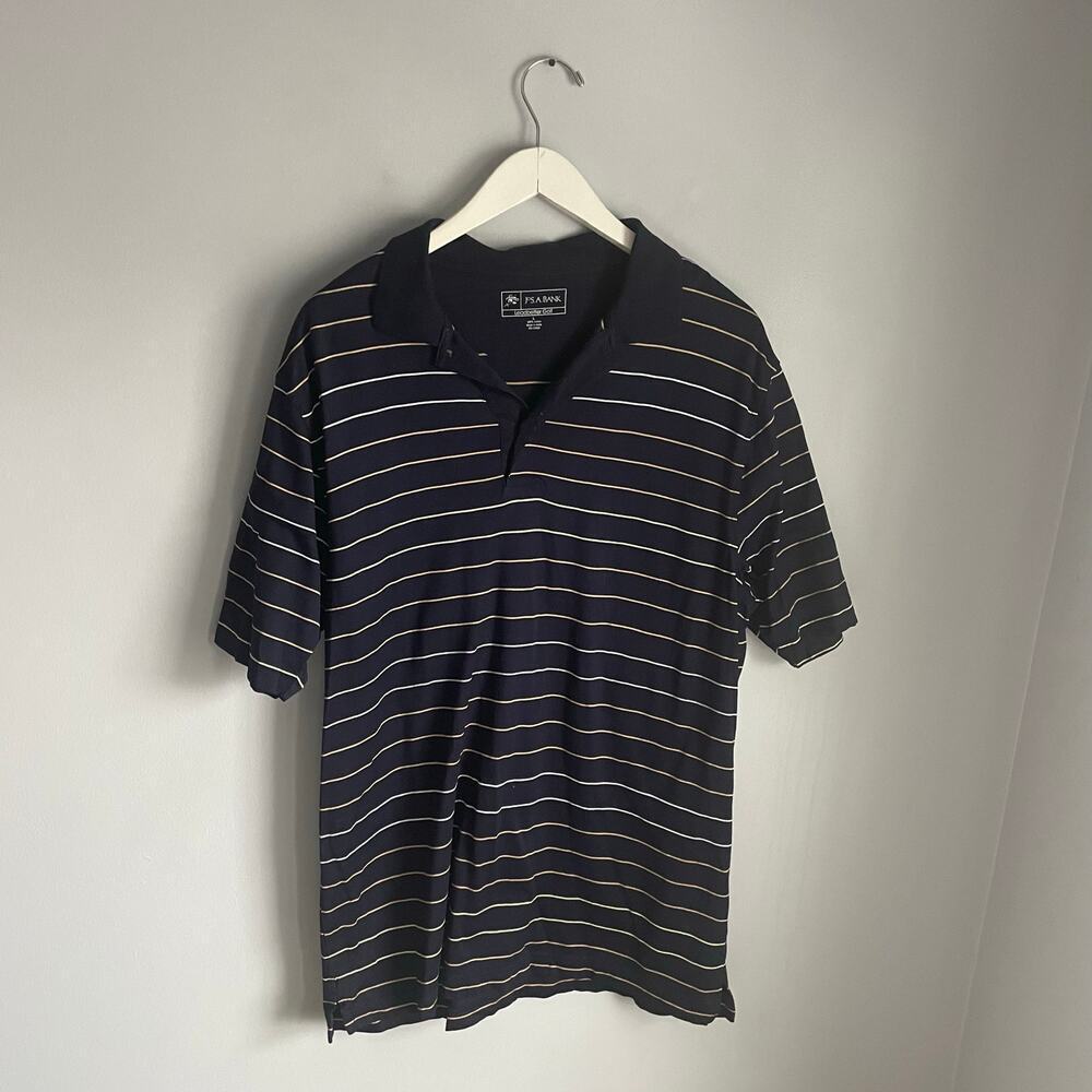 Joseph A Bank Men's Polo Shirt Navy Blue Striped Work Shirt sz Large 100% Cotton
